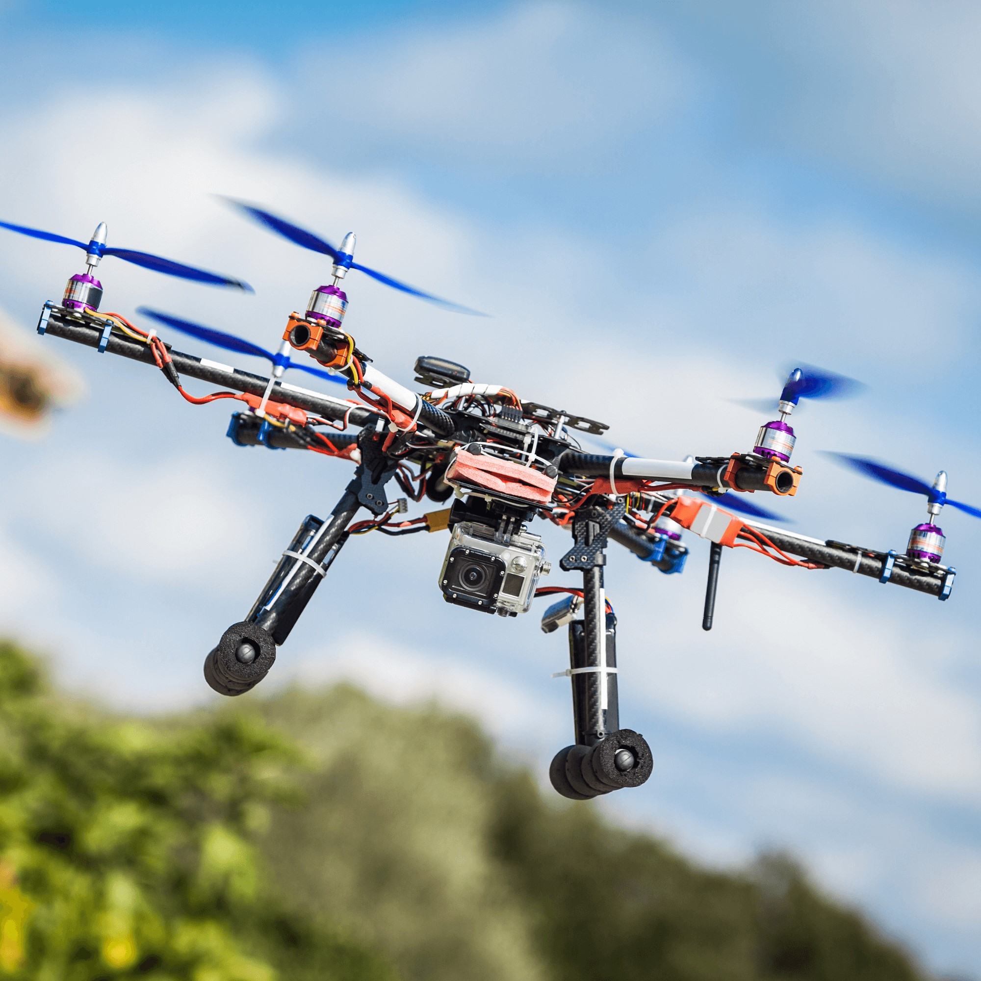 Drone in flight, benefiting from improved battery efficiency with EMS materials