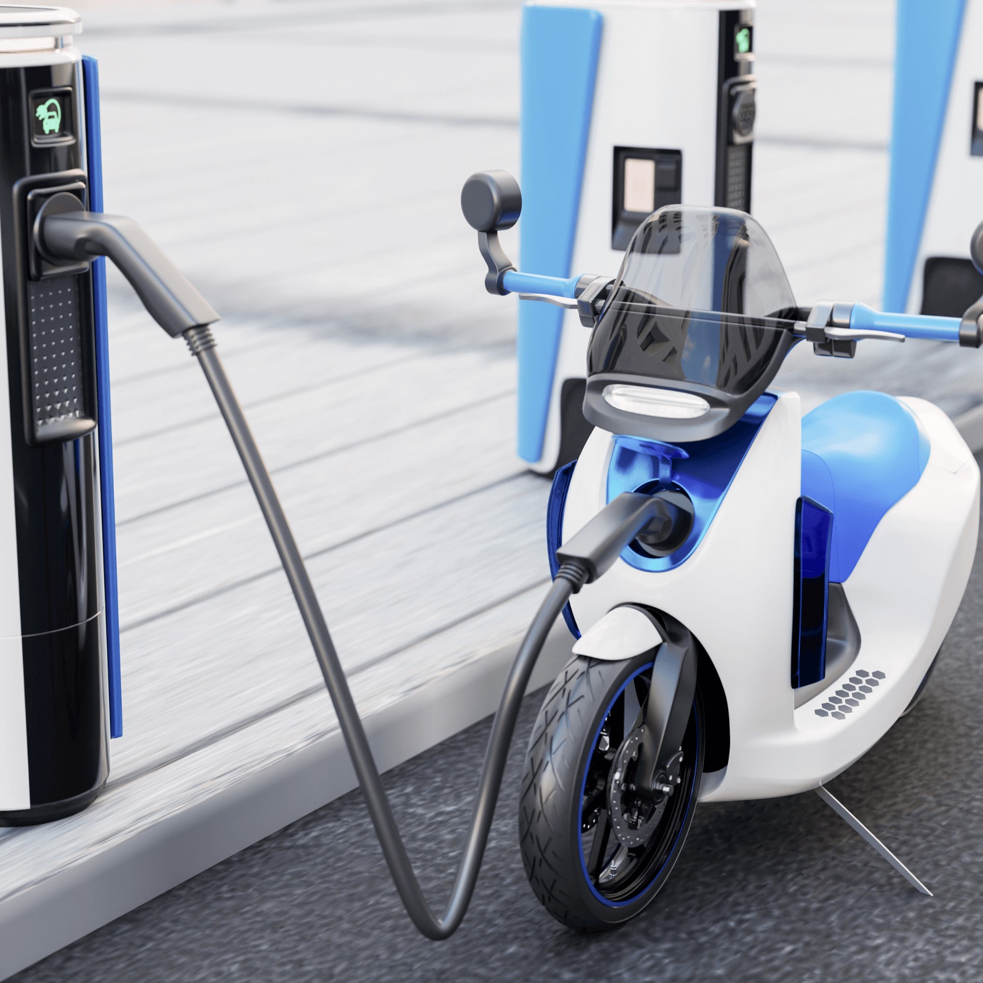 Small electric scooter charging at a station, benefiting from enhanced battery performance with EMS materials