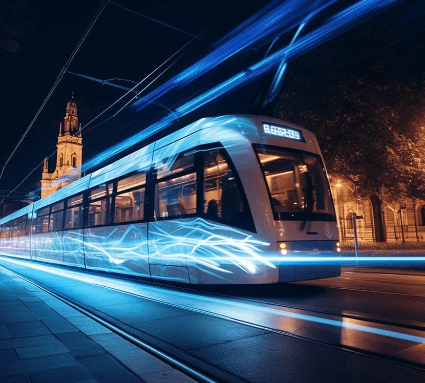 Electric tram at night illuminated by bright blue lights, symbolizing movement, speed, and sustainable innovation.